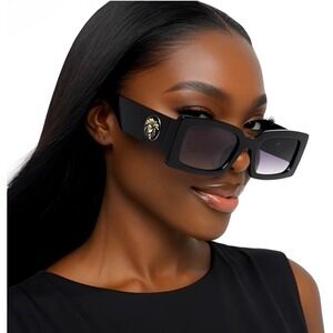Black Rectangle Sunglasses Gold Lion‎ Accents Fashion Shades Retro Trendy Shades